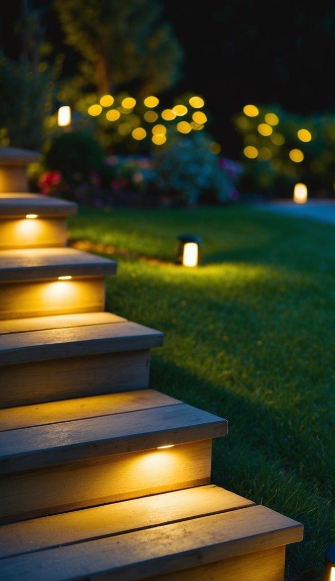 A set of deck lights illuminating steps in a garden at night, casting a warm and inviting glow on the path