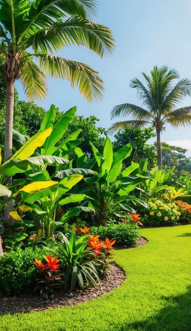 A lush tropical garden with banana plants, palm trees, and colorful flowers, surrounded by a serene and sunny landscape