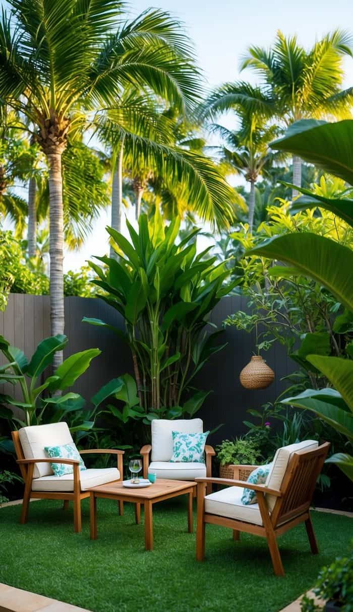A tropical outdoor seating area with wooden chairs and a table on green artificial grass, surrounded by lush palm trees and various green plants.