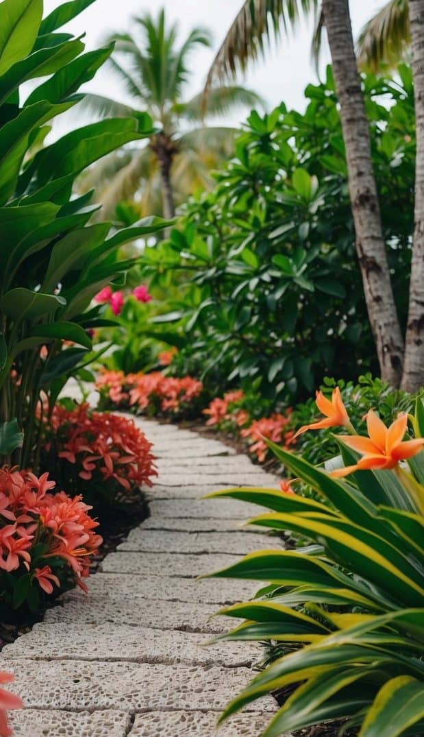 A stone path winds through a lush tropical garden with vibrant orange and pink flowers and large green foliage, flanked by a few tall palm trees.