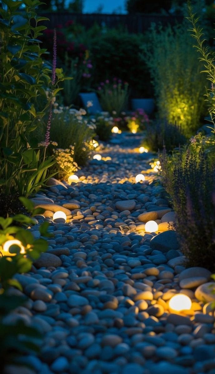 A moonlit garden path lined with small glowing lights is surrounded by lush green plants and colorful flowers, under a clear night sky with a visible full moon.