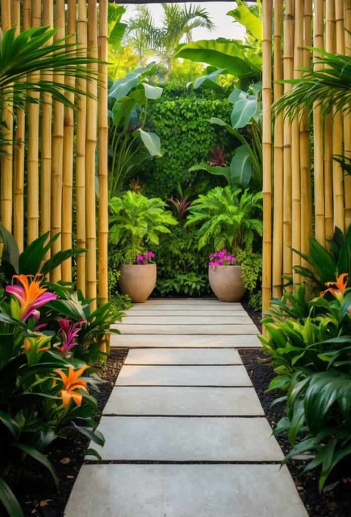 A tropical garden scene with a pathway of stepping stones bordered by bamboo and lush green plants, including ferns and flowering plants in pots, leading to a dense green backdrop.