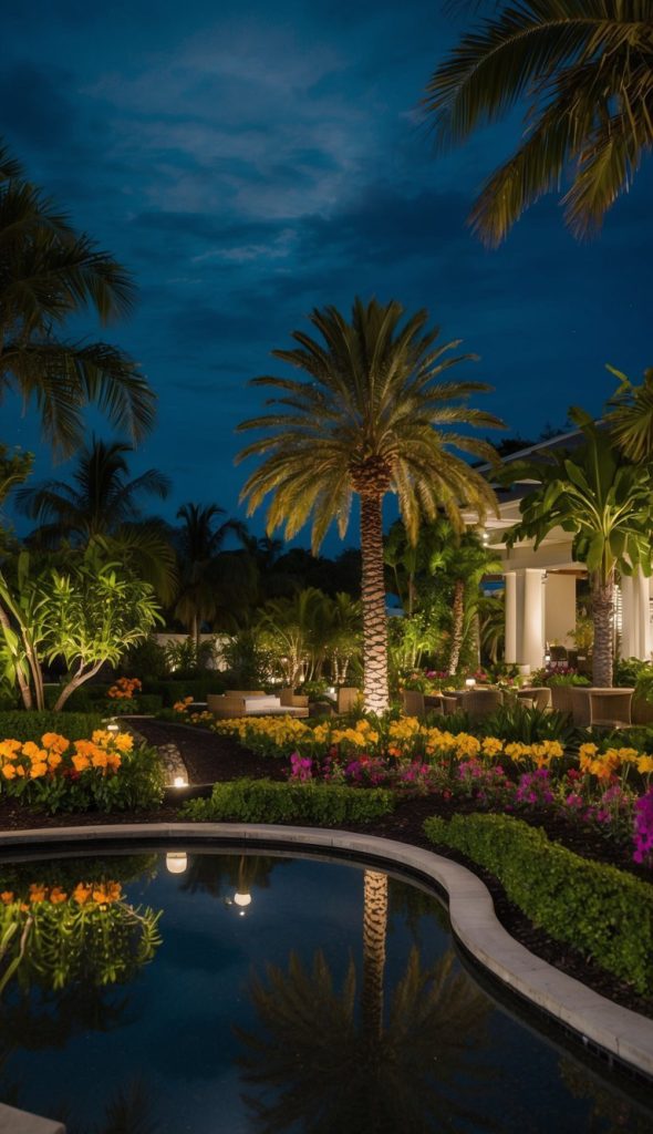 A lush garden at night featuring tall palm trees, vibrant orange and pink flowers, and a reflective pond in the foreground, with a well-lit patio and seating area in the background.