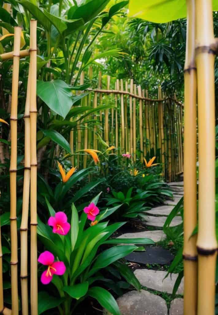 A garden path surrounded by lush green plants and vibrant flowers, with pink and orange blooms visible. Tall bamboo stalks form a natural fence along the path, creating a tropical atmosphere.