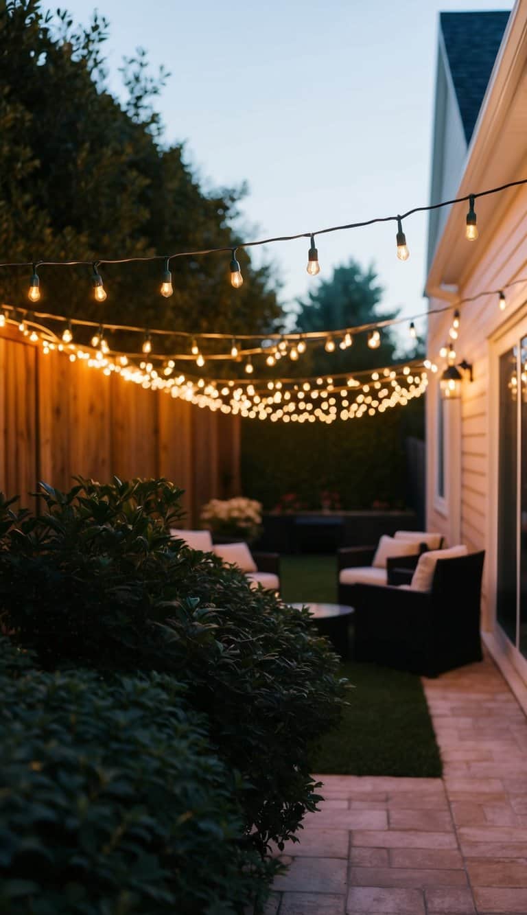 A backyard filled with string lights, casting a warm glow over the outdoor space