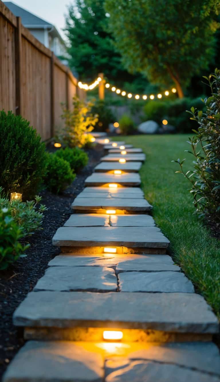 A stone path winds through a backyard, lined with soft, warm lights, casting a gentle glow on the surrounding greenery
