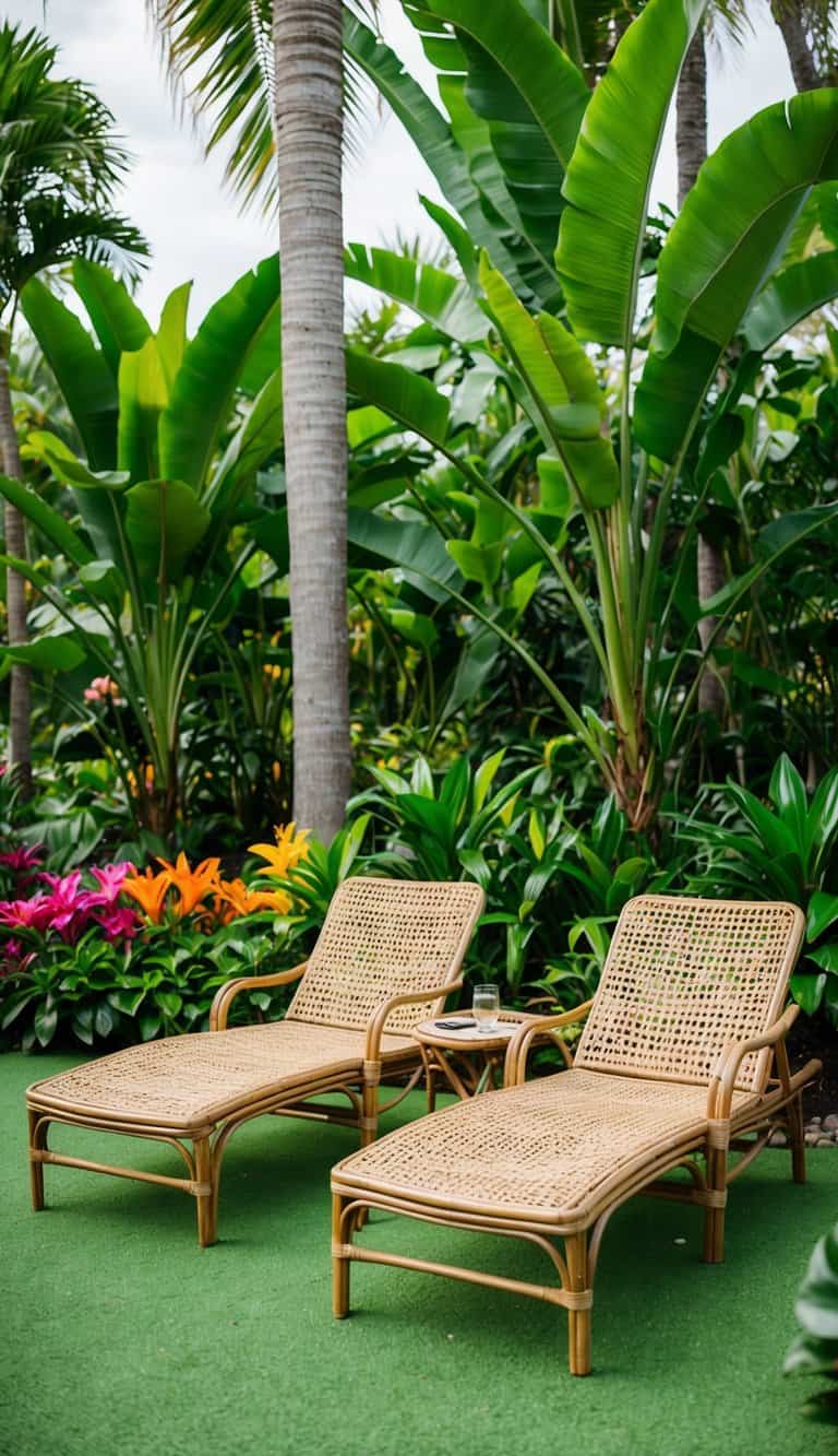 Two rattan lounge chairs sit in a lush tropical oasis surrounded by vibrant green foliage, colorful flowers, and tall palm trees