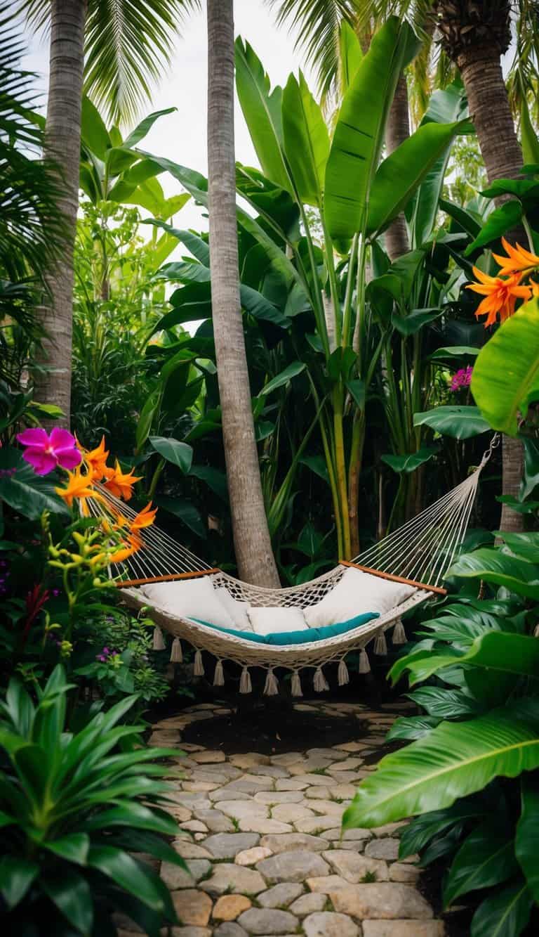 A secluded hammock nook nestled among vibrant tropical foliage and colorful flowers. A serene oasis surrounded by lush greenery and swaying palm trees