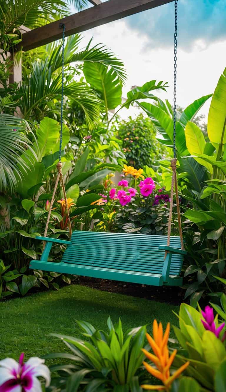 A garden swing seat surrounded by lush tropical plants and colorful flowers, creating a serene oasis
