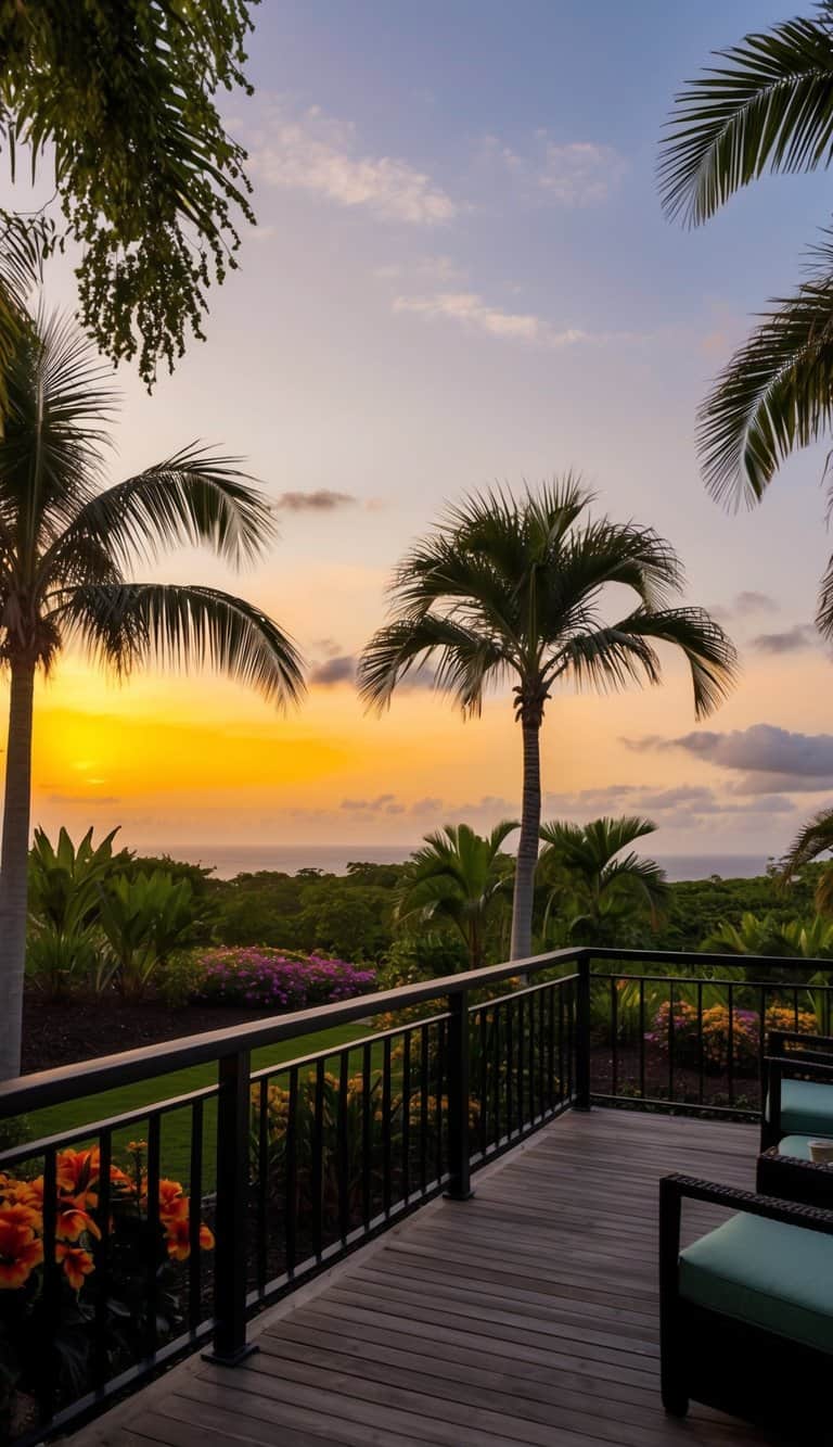 A sunset viewing deck surrounded by lush tropical landscaping with palm trees, vibrant flowers, and a clear view of the horizon