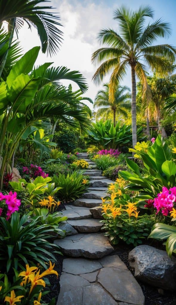 A lush tropical garden with a stone pathway winding through vibrant plants and flowers, including tall palm trees and colorful blooms in shades of pink and yellow.