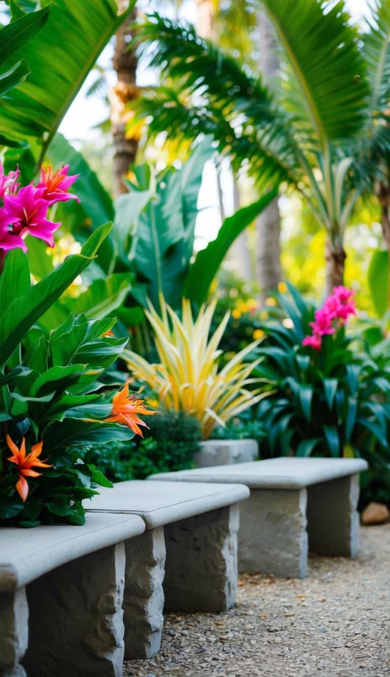 Stone garden benches surrounded by lush tropical plants and vibrant flowers