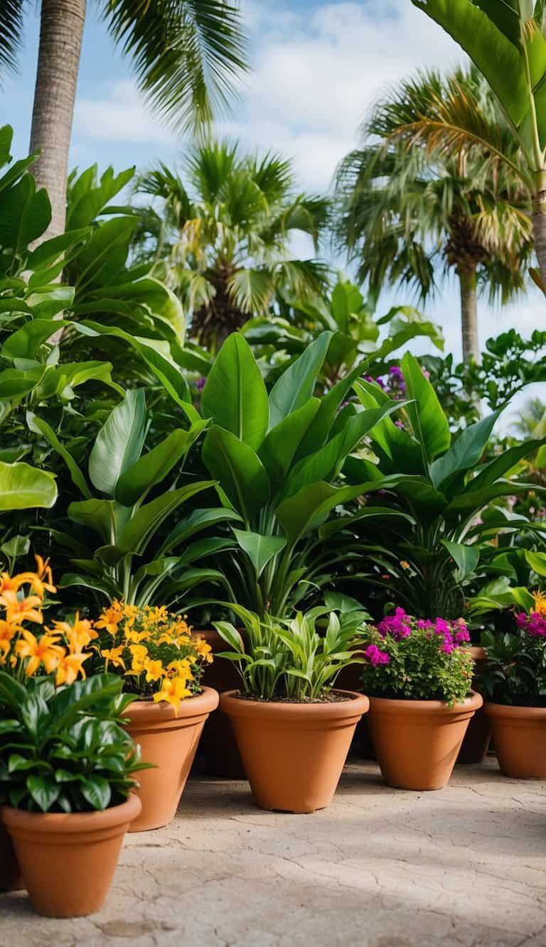Lush tropical plants in terracotta pots surrounded by palm trees and colorful flowers, creating a vacation-like atmosphere