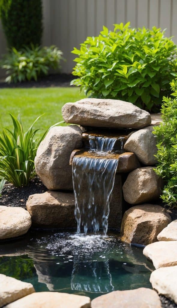 A small garden waterfall flows over stacked rocks into a pond, surrounded by green plants and bushes.