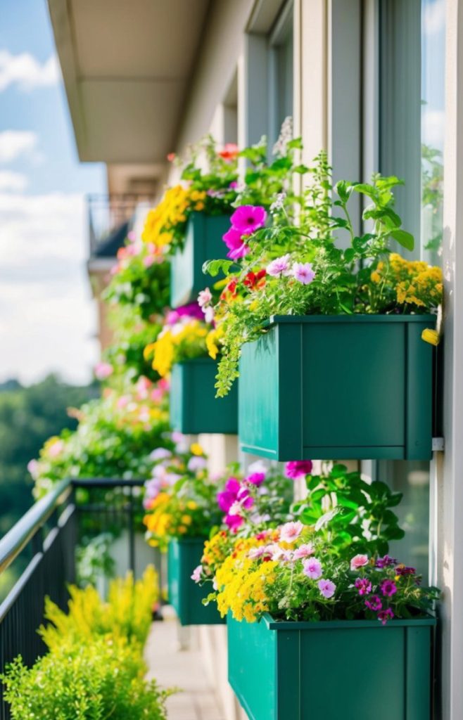 Colorful flowers in green planters attached to a balcony railing.