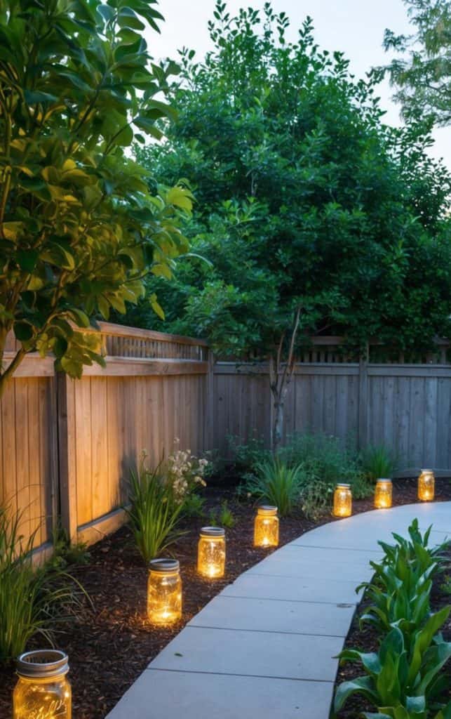 A garden path lined with illuminated Mason jars, each containing warm glowing lights, surrounded by green plants and trees next to a wooden fence.