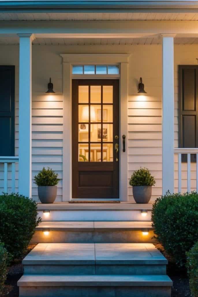 A cozy front porch with a wooden door featuring glass panels, flanked by two illuminated wall sconces. Two potted plants are placed on either side of the entrance, and steps lead up to the porch, with lights embedded in each step. The interior is softly lit, visible through the door's glass panels.