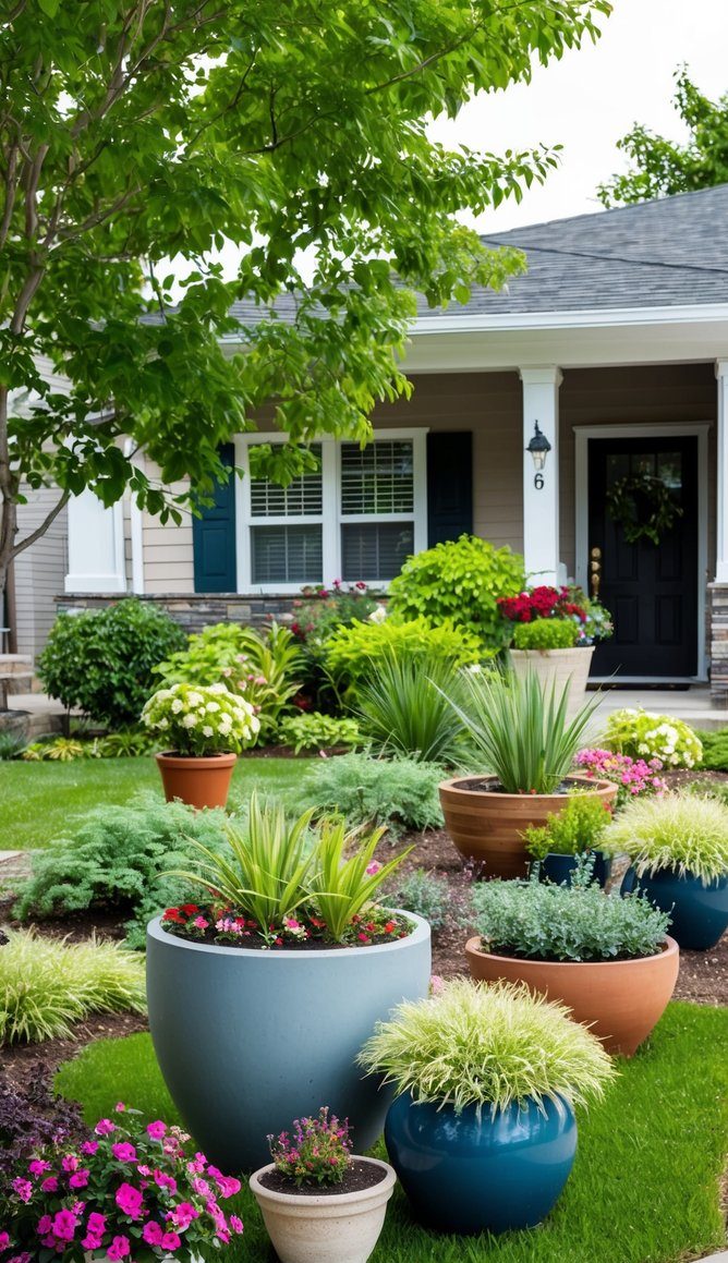 A well-maintained garden in front of a house, featuring various potted plants placed on lush green grass. The house has a dark blue front door and a grey exterior with white and stone accents. Numerous colorful flowers and green foliage enhance the garden's aesthetic.