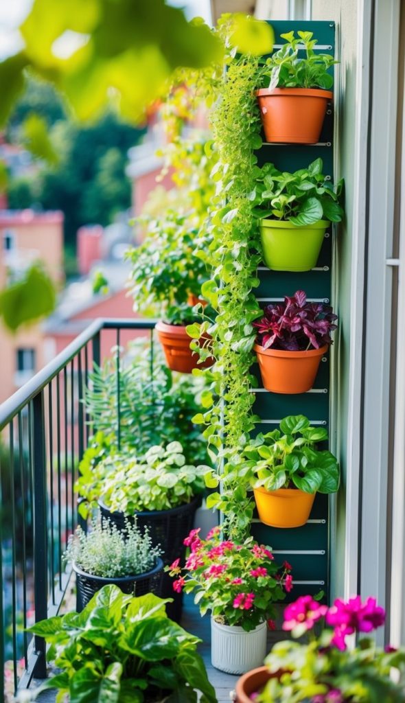 A small balcony garden featuring various potted plants, including flowers and leafy greens, with some pots mounted vertically on a rail, and colorful buildings visible in the background.