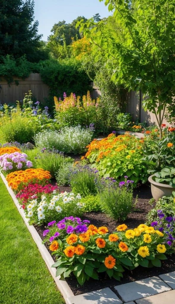 A vibrant garden with a variety of colorful flowers including yellow marigolds, purple petunias, and white daisies, surrounded by lush greenery and trees, under a clear blue sky.