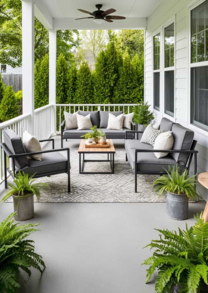 A cozy outdoor patio with comfortable grey furniture, white and patterned pillows, surrounded by lush greenery and potted plants, and covered by a ceiling fan.