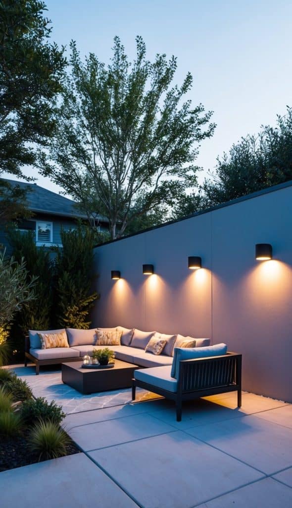 A modern outdoor patio with a corner sectional sofa and cushions, surrounded by trees and plants. The wall behind has four warm lights creating a cozy ambiance against the evening sky.