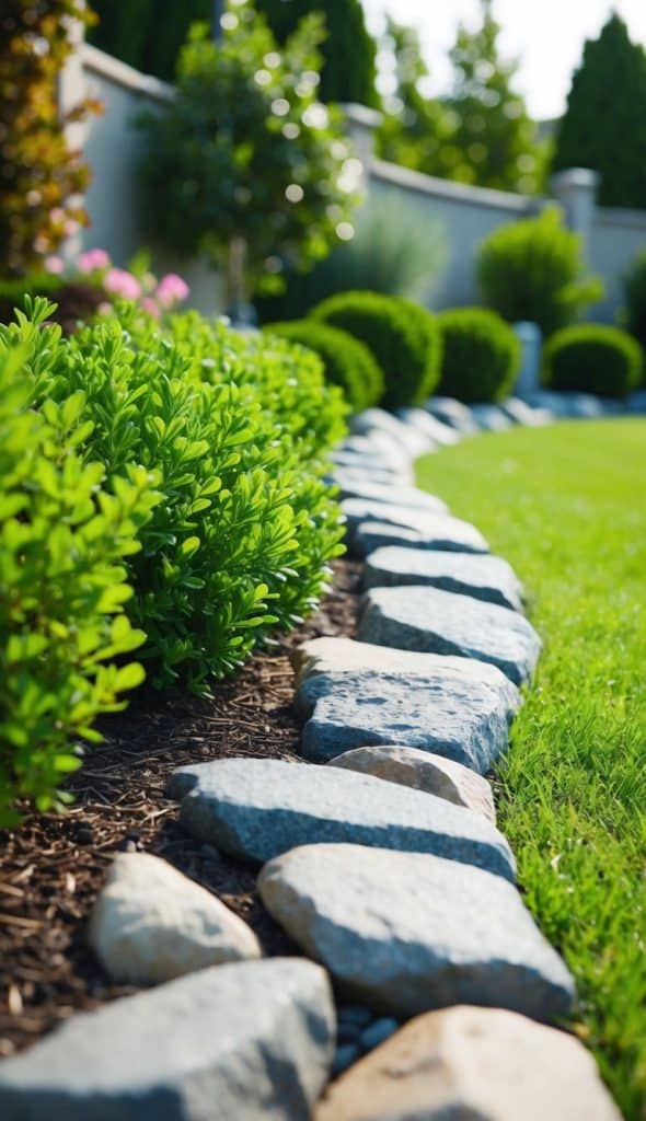 A well-maintained garden with neatly trimmed green shrubs, a stone border, and lush grass on a sunny day.