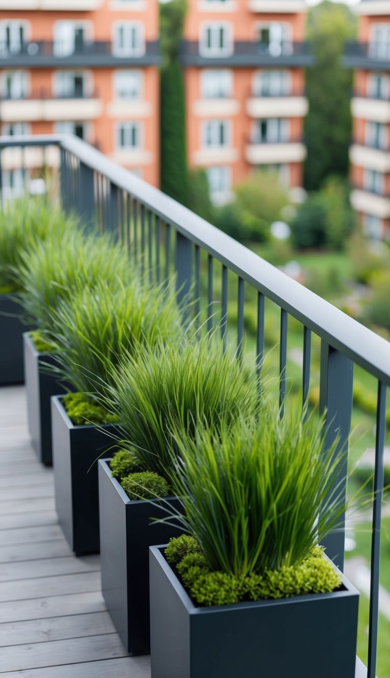 A balcony filled with lush ornamental grass planters, creating a tranquil garden oasis