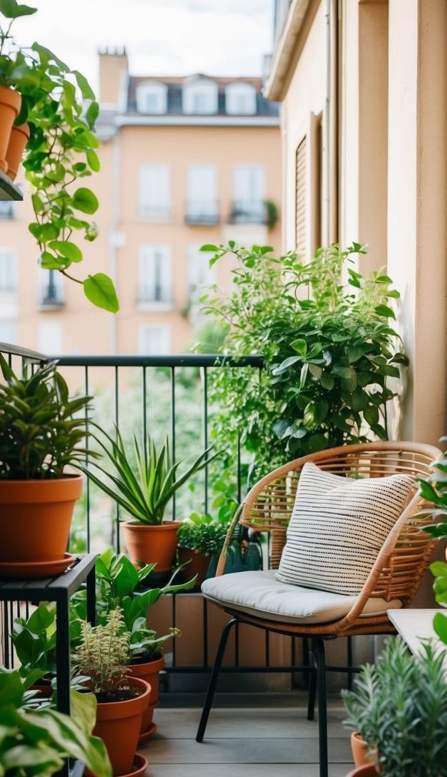 A small balcony with potted plants, a cozy seating area, and a smart irrigation system keeping the greenery lush and thriving