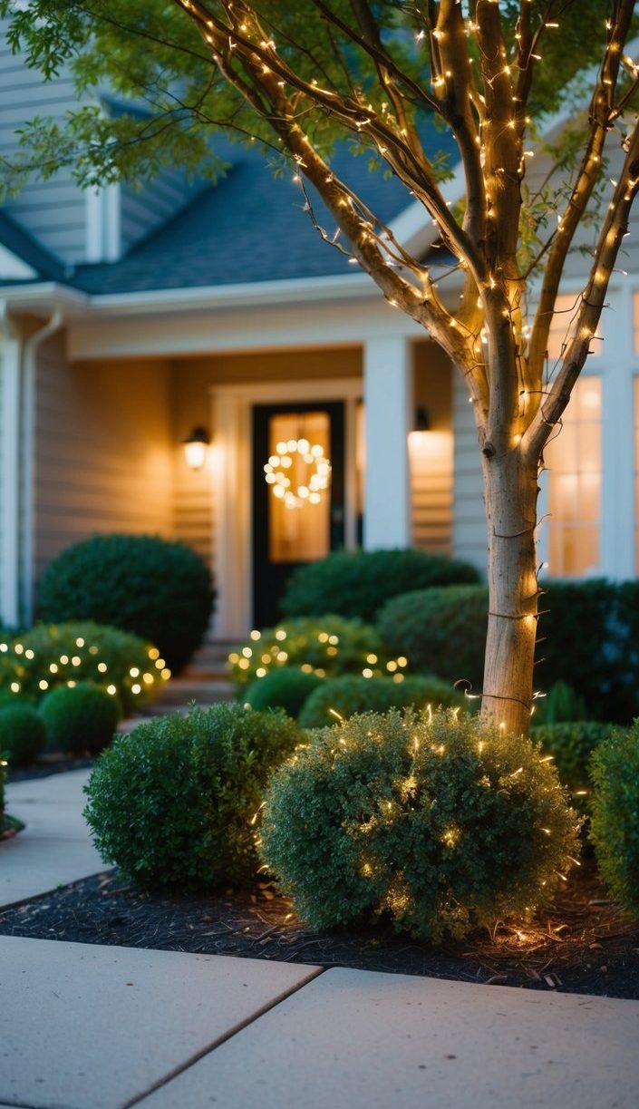 A cozy front yard with fairy lights draped on bushes and trees, creating a warm and inviting ambiance for the home