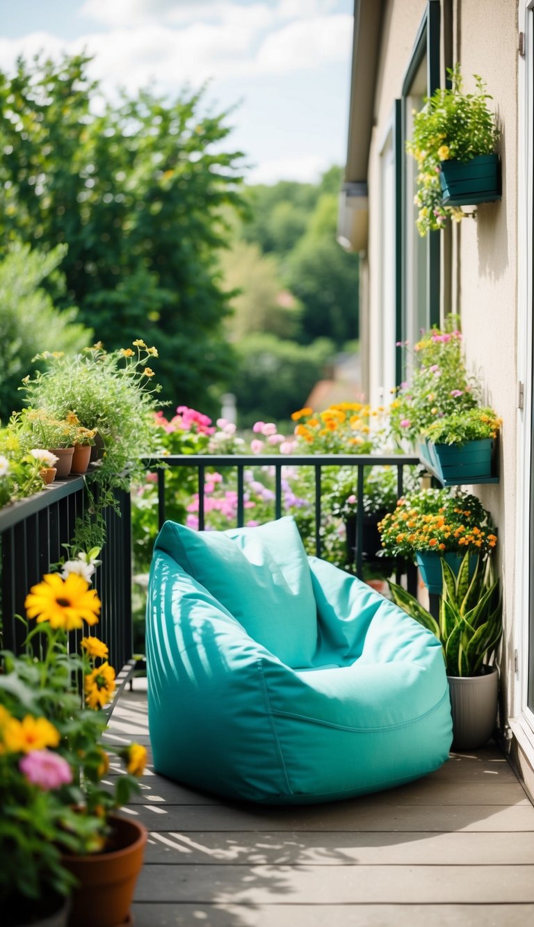 A cozy outdoor bean bag chair sits on a small balcony surrounded by lush greenery and colorful flowers. A vertical garden adds a touch of natural beauty to the space