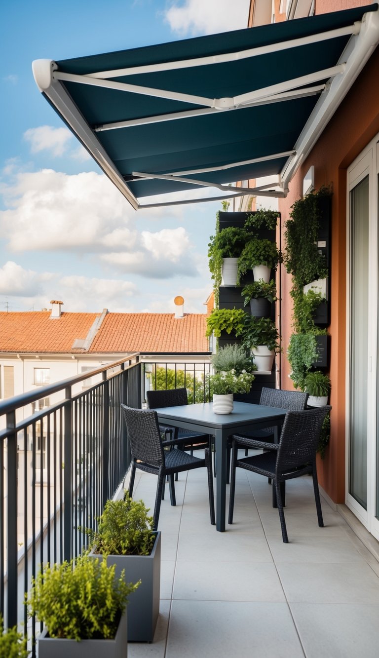 A balcony with a retractable awning, adorned with vertical garden ideas