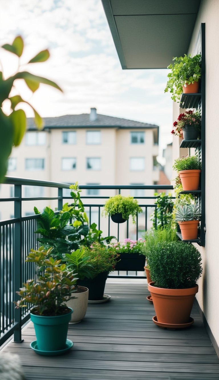 A balcony with deck tiles, potted plants, and vertical gardens
