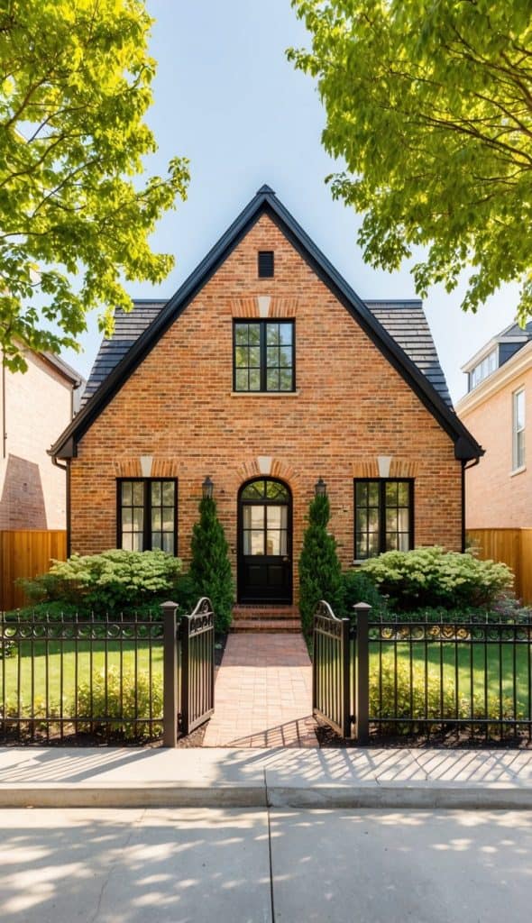 A brick house with a steep, gabled roof, flanked by manicured shrubs in a small front yard, and bordered by a black iron fence with a gate.