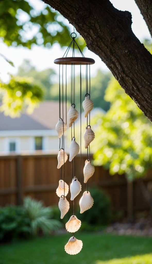 A wind chime made of seashells hanging from a tree branch in a backyard, with a blurred background of green foliage and a wooden fence.