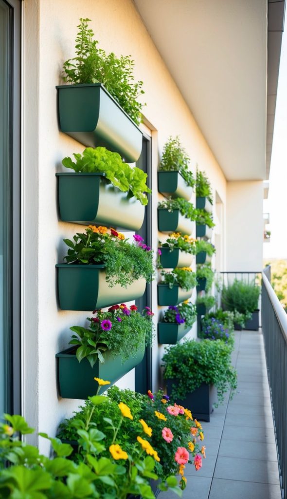 A vertical garden on a balcony wall with multiple green planters holding a variety of plants and colorful flowers.