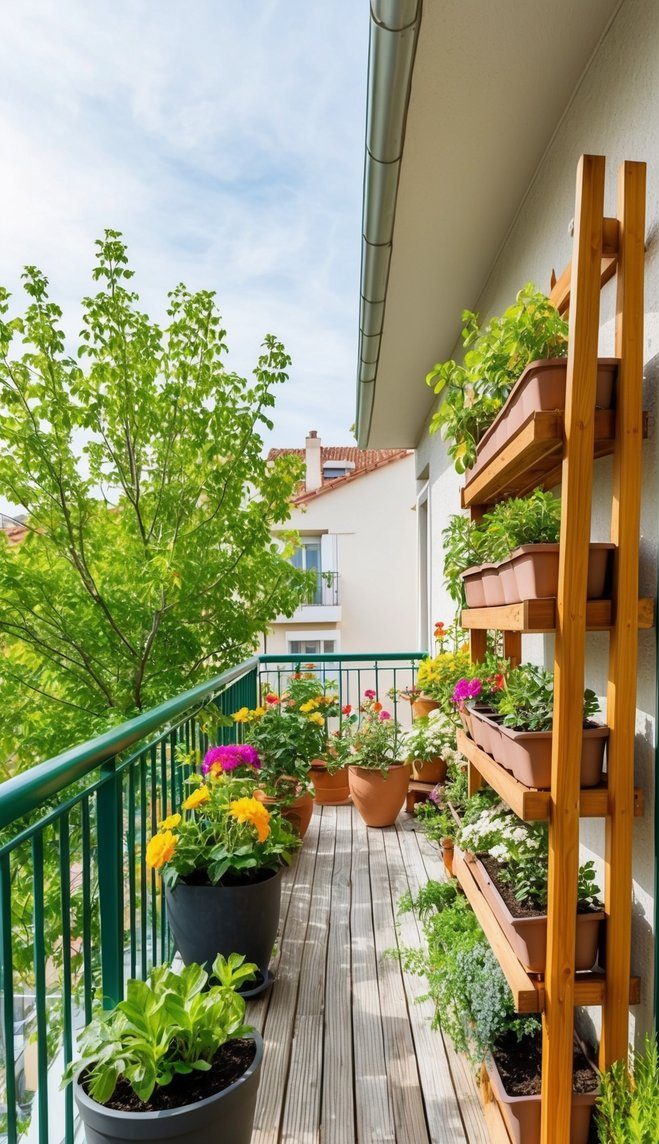 A narrow balcony with wooden flooring, featuring a wooden vertical planter rack with pots of greenery. Various flowering plants in pots are arranged along the green railing, with a view of a tree and neighboring buildings in the background.