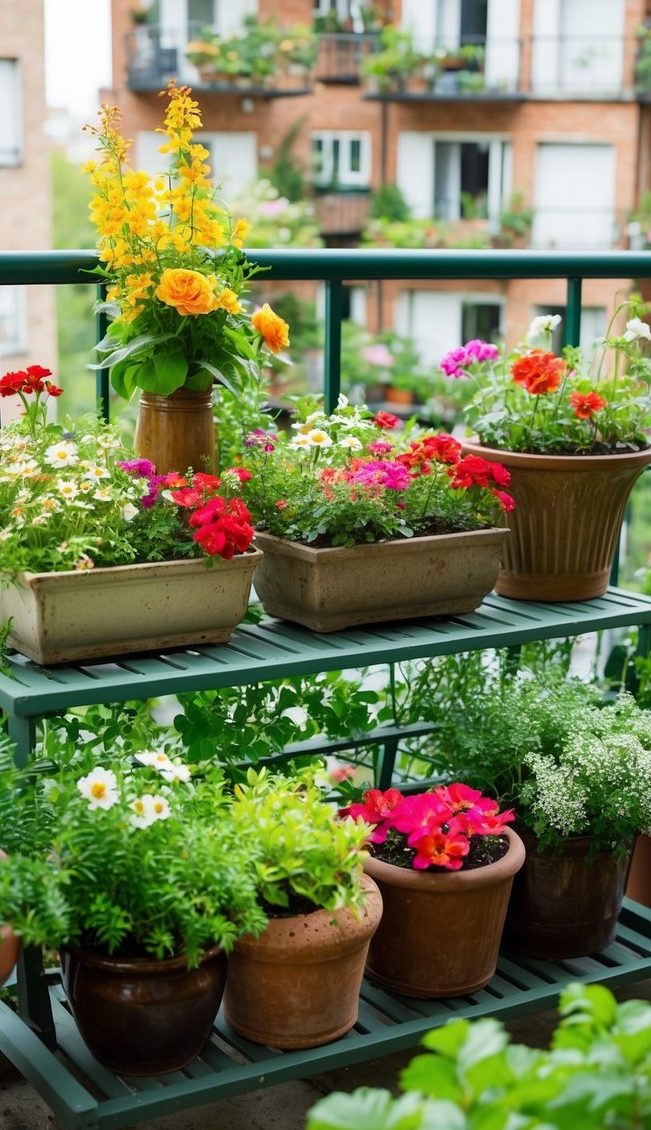 A variety of colorful flowers in pots and planters arranged on a balcony garden rack, with an apartment building in the background.