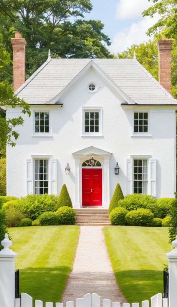 A white, two-story house with a symmetrical design, featuring a striking red front door. The house has brick chimneys, shuttered windows, and is set amidst lush green landscaping with a neatly trimmed lawn and shrubs. A gravel path leads up to the house, bordered by a white picket fence.