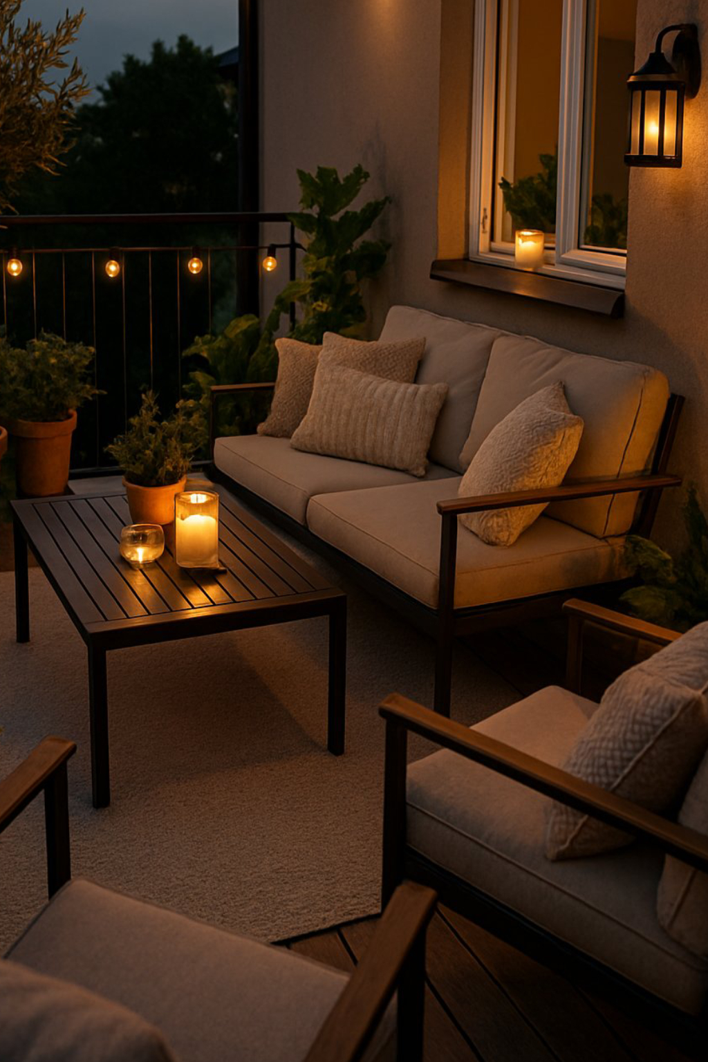 A cozy outdoor patio at dusk with a sofa and chairs featuring beige cushions, a wooden coffee table with lit candles, and string lights above, creating a warm ambiance.