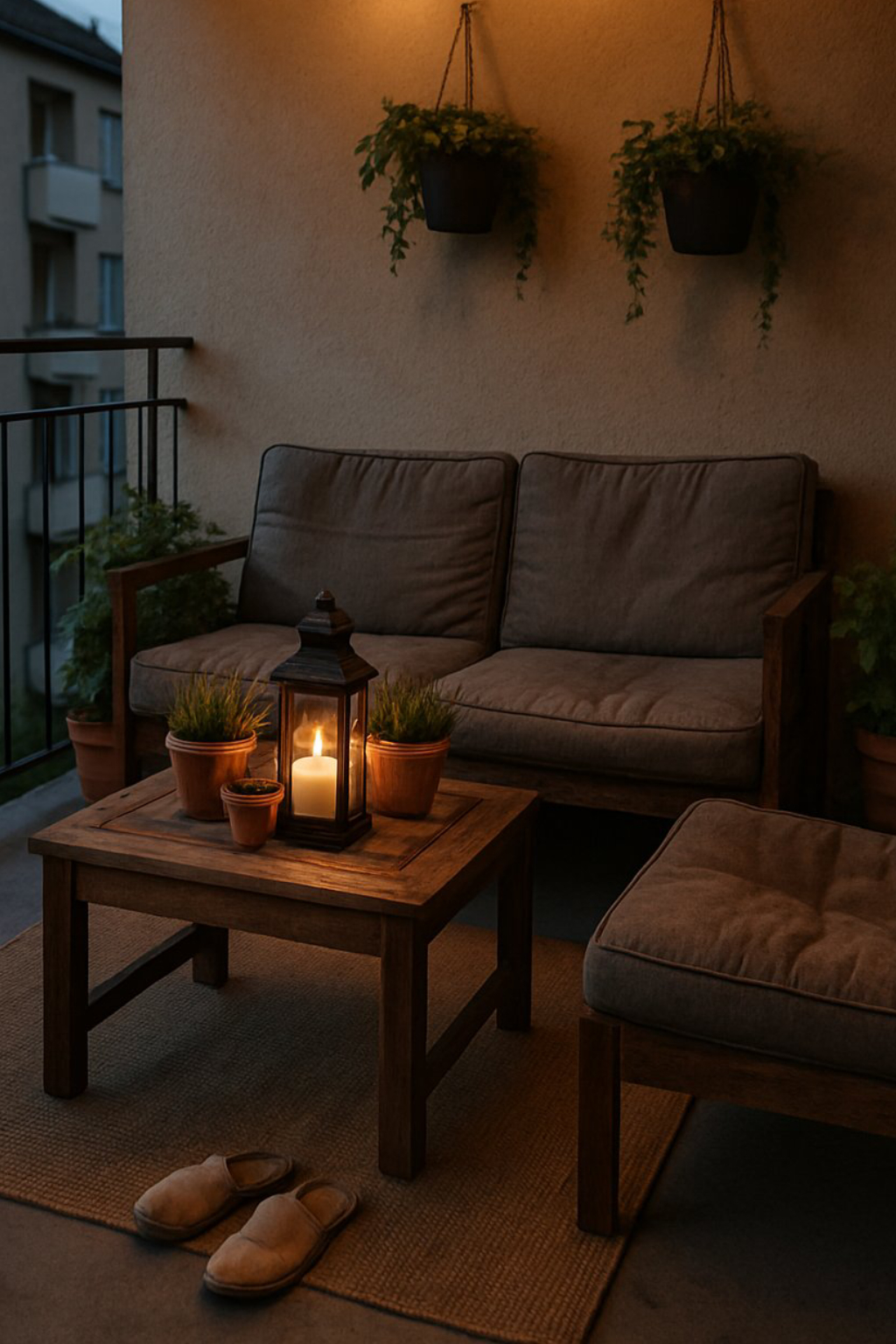 Cozy balcony setting with a cushioned sofa and ottoman, a wooden coffee table with potted plants and a lantern, hanging plants on the wall, and a pair of slippers on a mat.