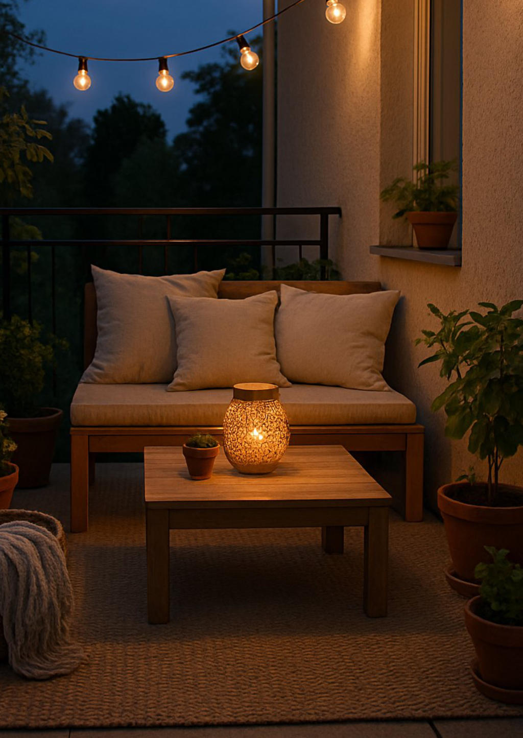 A cozy balcony at night with a wooden bench topped with white cushions, a wooden coffee table featuring a lit decorative lantern, surrounded by potted plants, and string lights hanging above.
