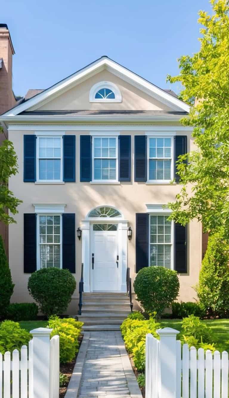 A two-story beige house with black shutters and a white front door. There are two evenly placed large windows on either side of the door and a smaller arched window above the entrance. The house is flanked by well-maintained shrubs and greenery, and a white picket fence lines the pathway leading to the entrance.