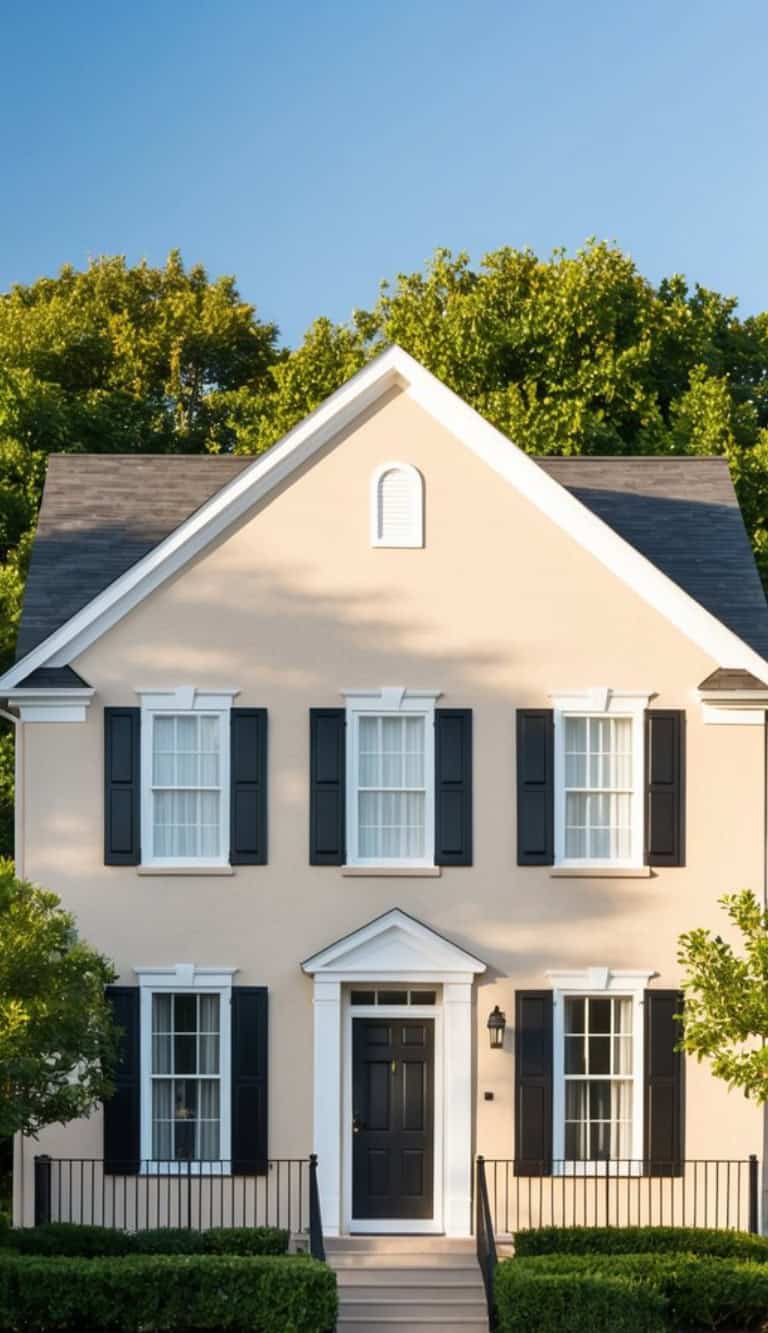 A two-story beige house with black shutters and a black front door, surrounded by green trees and shrubs.