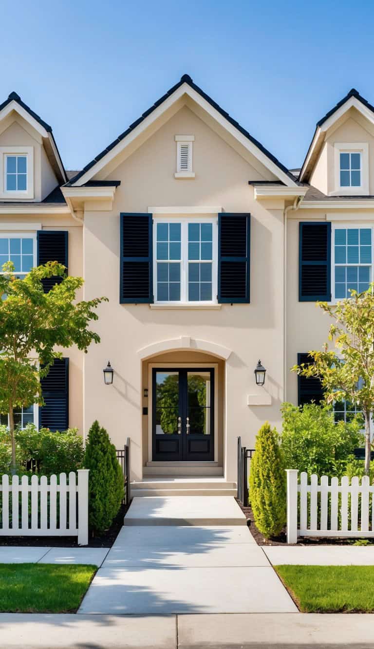 A two-story house with a cream facade and black shutters, featuring a symmetrical design with a central entrance flanked by large windows. The front yard is neatly landscaped with small trees and a white picket fence.
