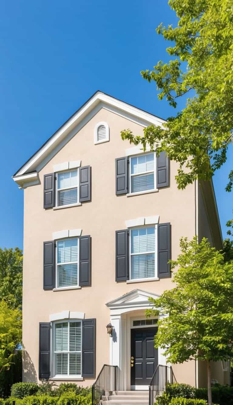 A beige, two-story house with black shutters and a symmetrical front facade, surrounded by green trees, under a clear blue sky.