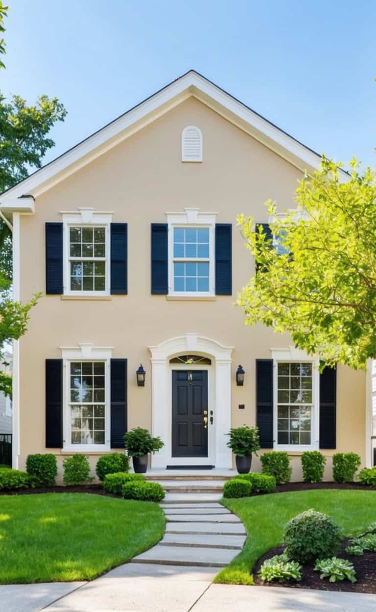 A two-story cream-colored house with a symmetrical facade, featuring a black front door, white trim, and black shutters. The front yard is landscaped with a green lawn, shrubs, and a paved walkway leading to the entrance.