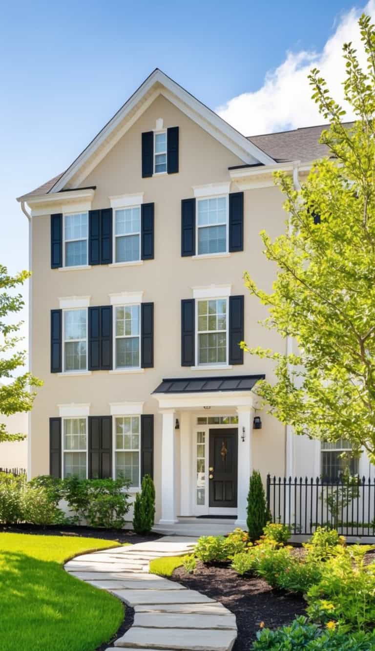 A three-story beige house with black shutters and white window frames, surrounded by a manicured lawn and garden, with a stone path leading to the entrance under a clear blue sky.