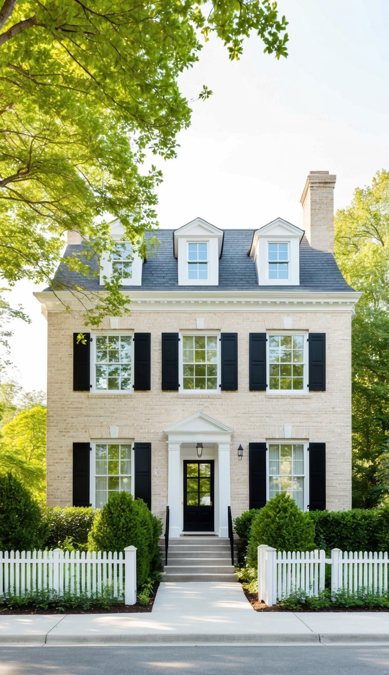 A classic two-story brick house with black shutters and white-trimmed windows, featuring a symmetrical facade with a central entrance and a neatly manicured lawn bordered by a white picket fence.