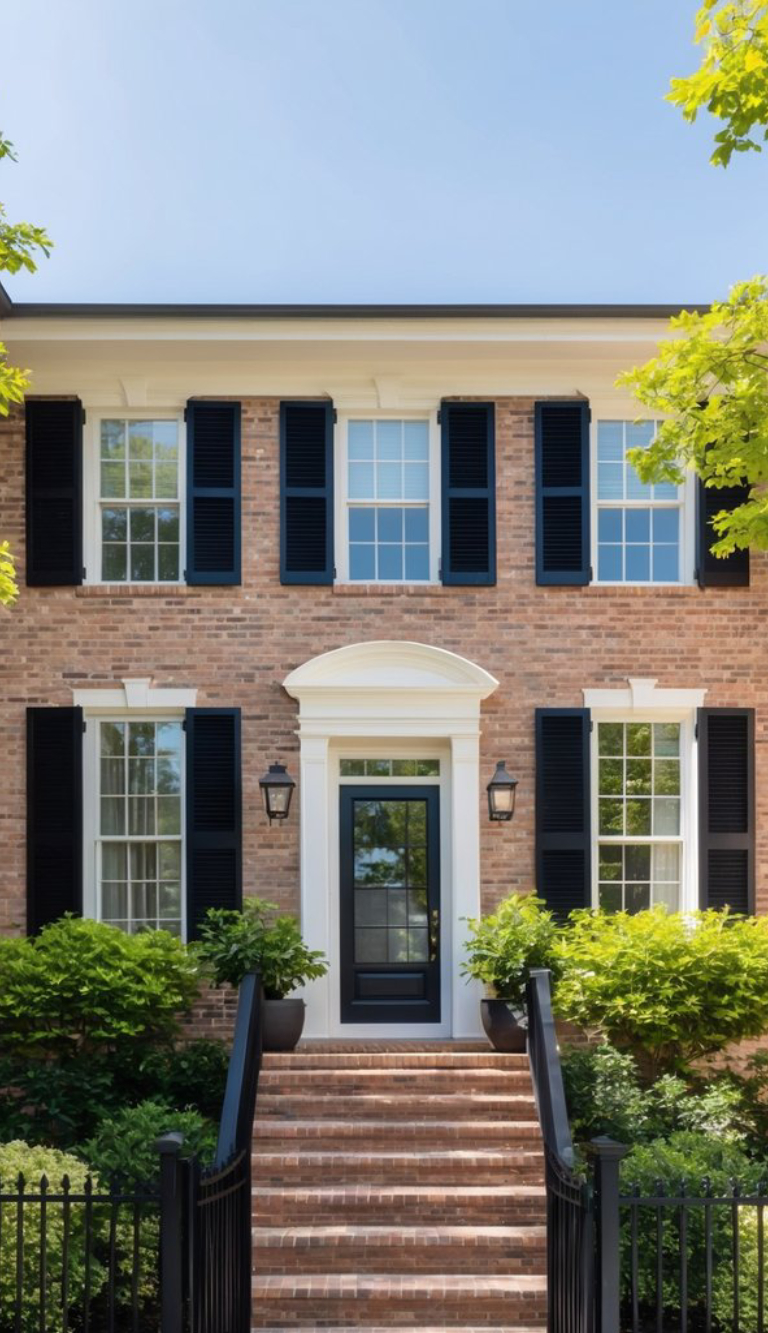 A two-story brick house with black shutters and a black front door, framed by white trim. The entrance features a small portico with two lanterns on either side and brick steps leading up to the door, flanked by neatly trimmed bushes and a black railing.